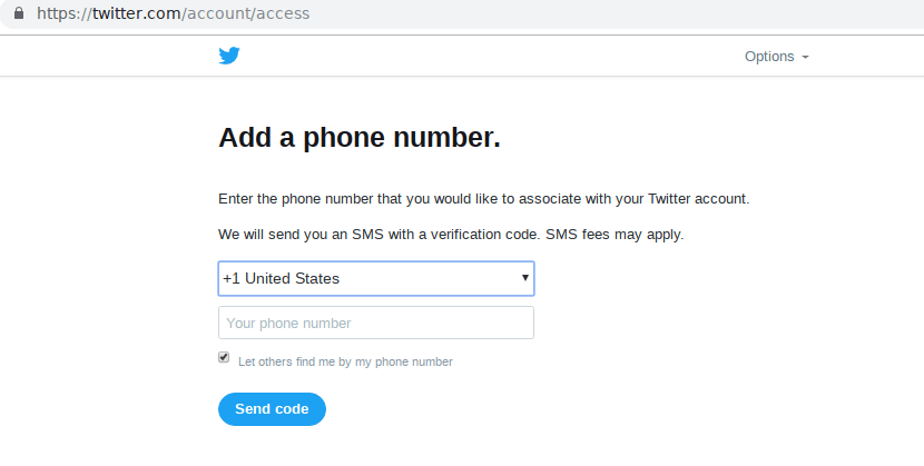Add a phone number for verification with Twitter.