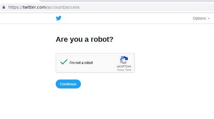 Twitter reCAPTCHA challenge successfully completed. Click on Continue.