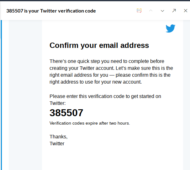 Sample Twitter email verification with code.